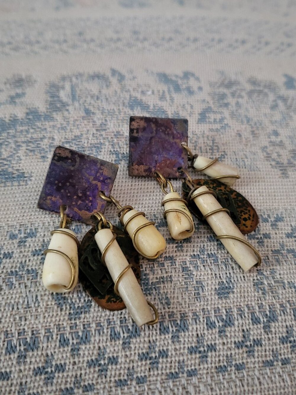 VTG 1980s Boho Patina Wire Wrapped Bone Dangle Earrings Made in India